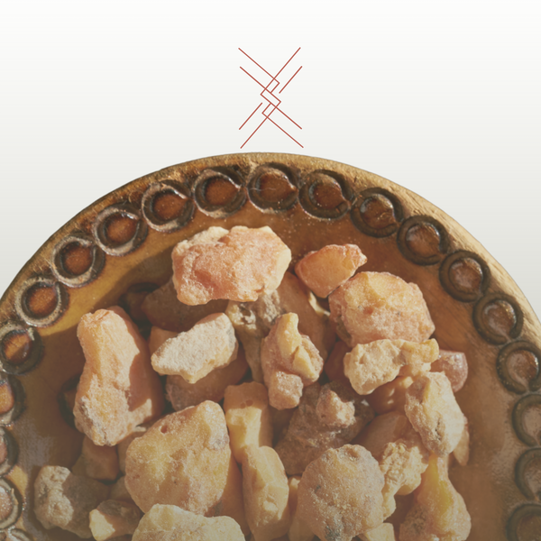 Decorative dish with benzoin resin on a beige background