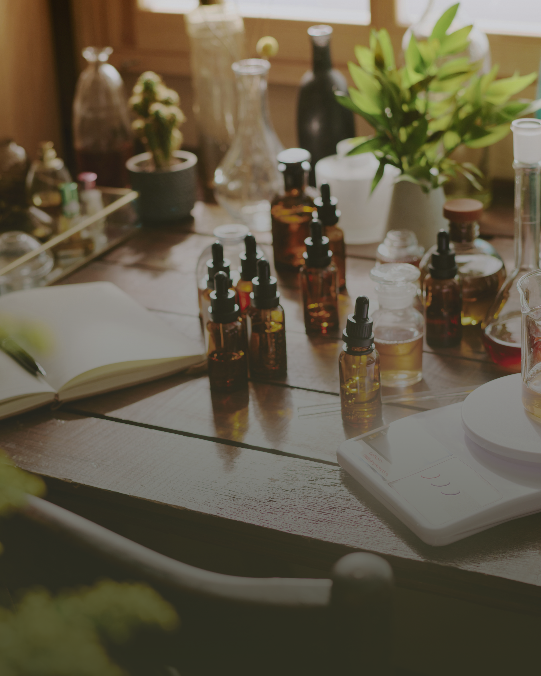 Table with various bottles and a book on a wooden surface